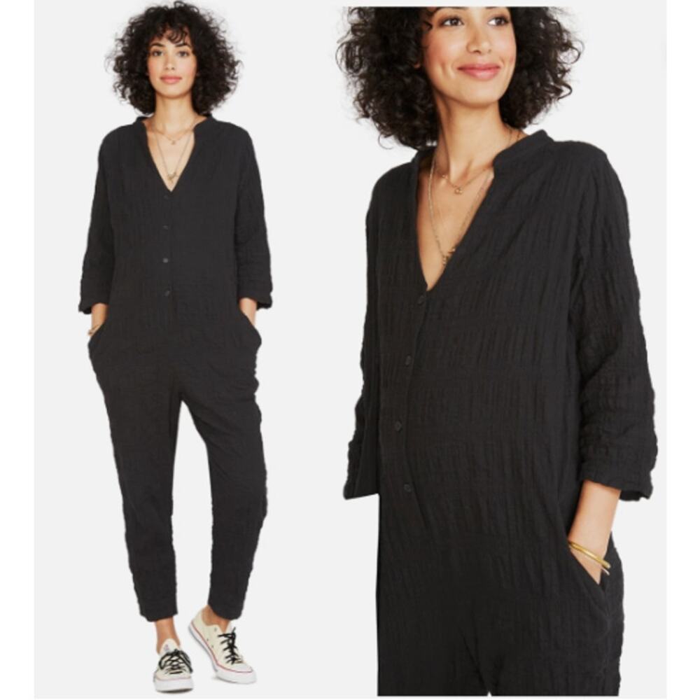 HATCH‎ The Taylor Jumpsuit Button Up Black Crepe 1/2 Sleeve Maternity 1 Small